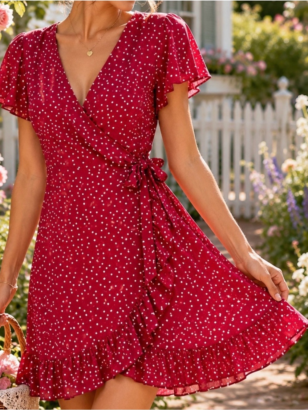 Red Polka Dot Wrap Mini Dress with Ruffle Hem